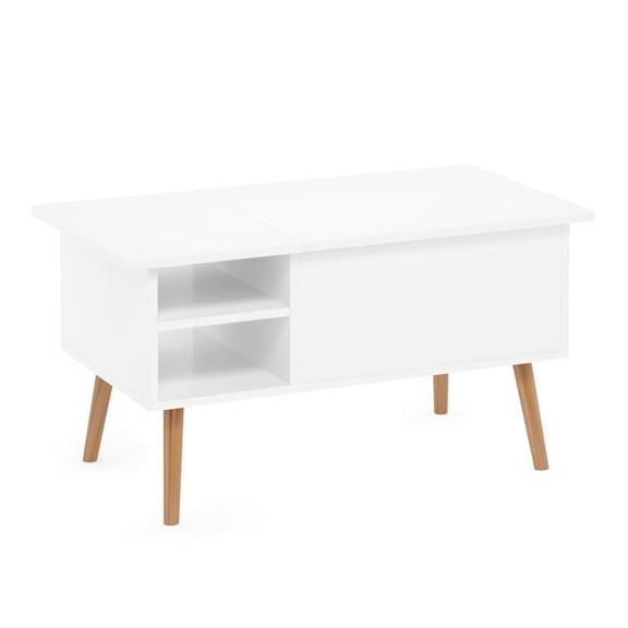 Jensen Living Room Wooden Leg Lift Top Coffee Table with Hidden Compartment & Side Open Storage Shelf, Solid White