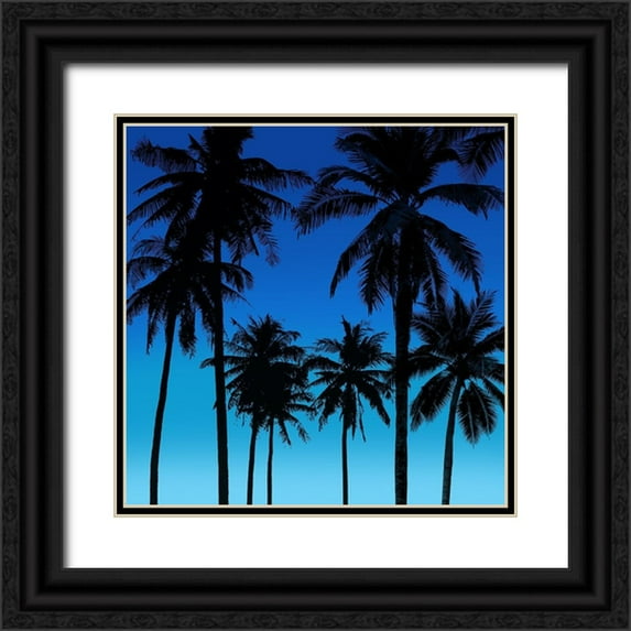 Jensen, Mia 12x12 Black Ornate Wood Framed with Double Matting Museum Art Print Titled - Palms Black on Blue I