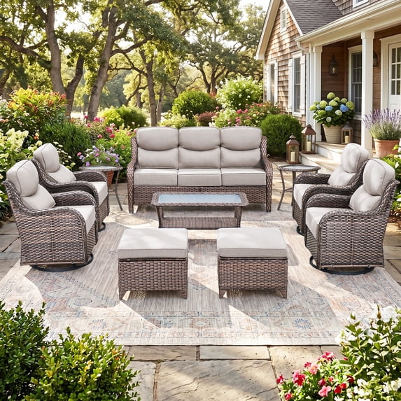 Jentlehouse 10 Pieces Outdoor Patio Furniture Set with 4 Swivel Rocking Chairs,Wicker Rattan Sofa Set Outdoor Sectional Conversation Set for Garden Lawn Balcony