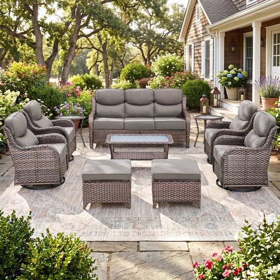 Jentlehouse 10 Pieces Outdoor Patio Furniture Set with 4 Swivel Rocking Chairs,Wicker Rattan Sofa Set Outdoor Sectional Conversation Set for Garden Lawn Balcony