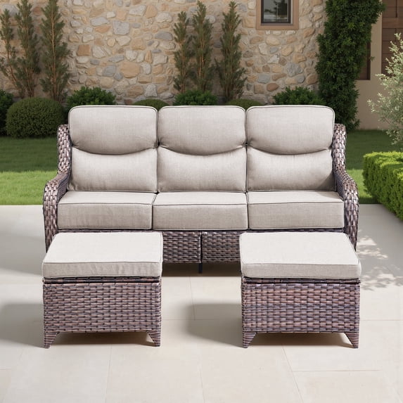 Jentlehouse 3 Pieces Patio Furniture Set, 75" Wide All-Weather Brown Wicker Outdoor Couch Sofa with 2 Ottomans and Blue Cushions, Conversation Seating Group for Garden Backyard Poolside