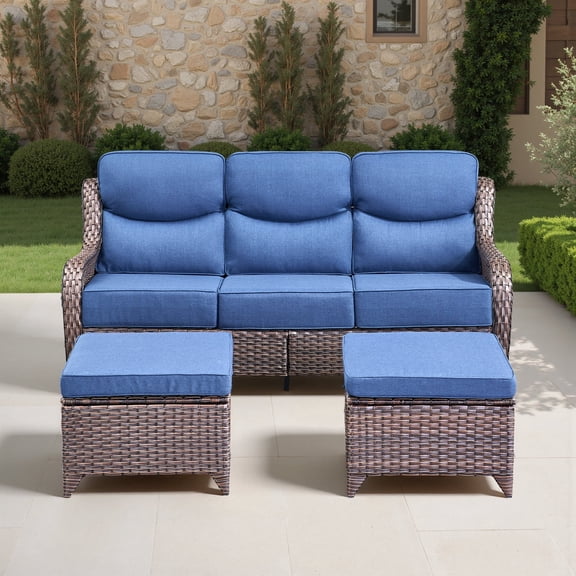Jentlehouse 3 Pieces Patio Furniture Set, 75" Wide All-Weather Brown Wicker Outdoor Couch Sofa with 2 Ottomans and Blue Cushions, Conversation Seating Group for Garden Backyard Poolside