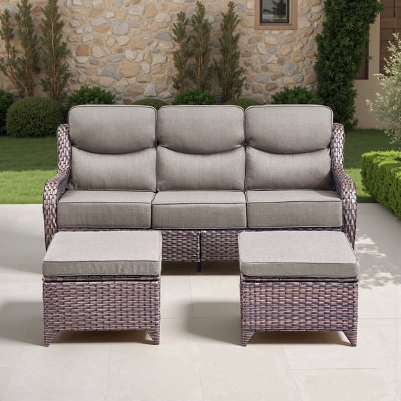 Jentlehouse 3 Pieces Patio Furniture Set, 75" Wide All-Weather Brown Wicker Outdoor Couch Sofa with 2 Ottomans and Blue Cushions, Conversation Seating Group for Garden Backyard Poolside