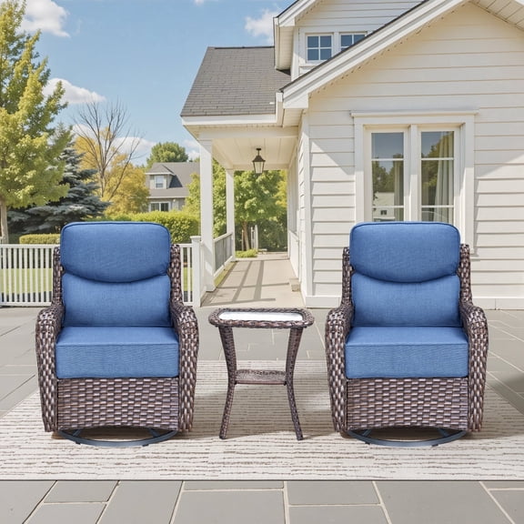 Jentlehouse 3 Pieces Patio Furniture Set, Outdoor Swivel Gliders Rocker, Glass Top Side Table, Wicker Patio Bistro Set with 6 in Thickness Cushions, Brown Wicker/Blue Cushions