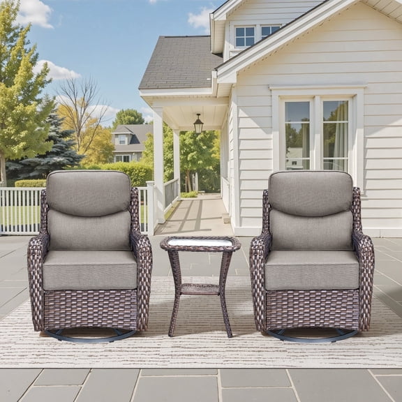 Jentlehouse 3 Pieces Patio Furniture Set, Outdoor Swivel Gliders Rocker, Glass Top Side Table, Wicker Patio Bistro Set with 6 in Thickness Cushions, Brown Wicker/Gray Cushions