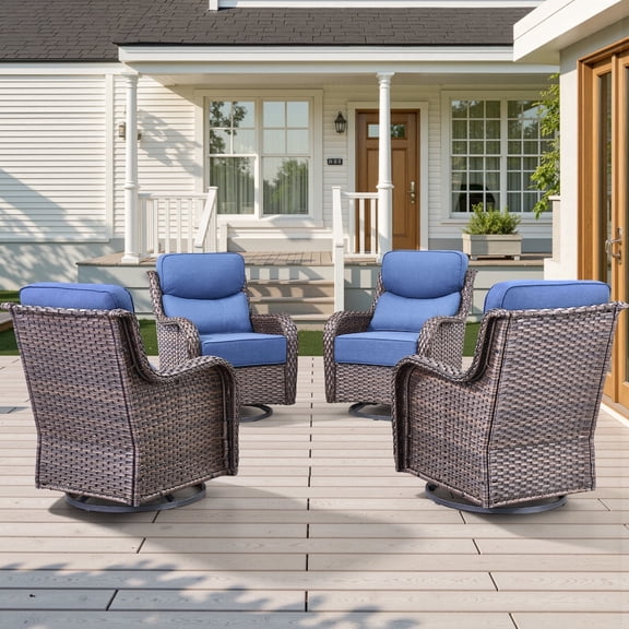Jentlehouse 4-Piece Outdoor Swivel Chairs, Patio All-Weather Brown Wicker Rocker Glider Chairs with Blue Cushions for Balcony Poolside Deck Garden