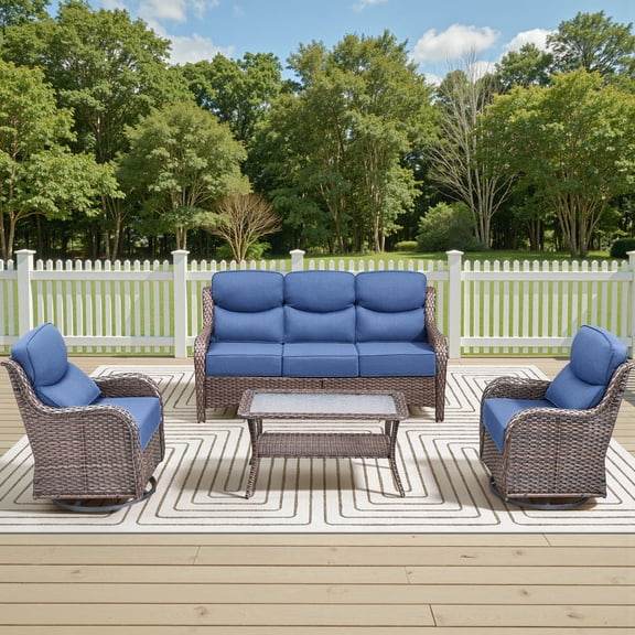 Jentlehouse 4 Piece Patio Conversation Set, Outdoor Brown Wicker Cushioned Secitional Sofa Sets with Swivel Gliders and Tempered Glass Top Coffee Table
