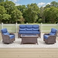 thumbnail image 1 of Jentlehouse 4 Piece Patio Conversation Set with Swivel Gliders and Coffee Table, Outdoor Wicker Sectional Sofa Sets with 6 in Thickness Cushions, Brown Wicker/Blue Cushions, 1 of 13