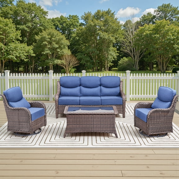 Jentlehouse 4 Piece Patio Conversation Set with Swivel Gliders and Coffee Table, Outdoor Wicker Sectional Sofa Sets with 6 in Thickness Cushions, Brown Wicker/Blue Cushions