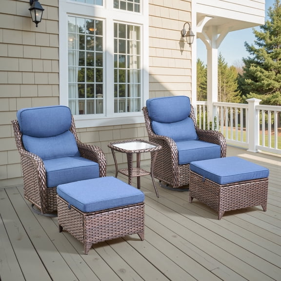 Jentlehouse 5 Piece Patio Furniture Set, Outdoor Brown Wicker Patio Conversation Rattan Swivel Glider Chairs with Ottomans and Tempered Glass Top Coffee Table for Patio, Blue