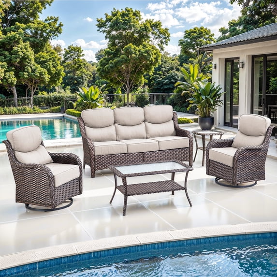 Jentlehouse 5 Pieces Outdoor Patio Furniture Set,Wicker Rattan Patio Sofa Set with Swivel Chairs,2-Tier Table and Side Table,Outdoor Conversation Set for Poolside Balcony Backyard Porch