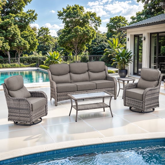 Jentlehouse 5 Pieces Outdoor Patio Furniture Set,Wicker Rattan Patio Sofa Set with Swivel Chairs,2-Tier Table and Side Table,Outdoor Conversation Set for Poolside Balcony Backyard Porch