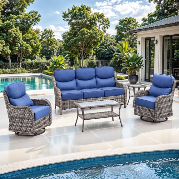 Jentlehouse 5 Pieces Outdoor Patio Furniture Set,Wicker Rattan Patio Sofa Set with Swivel Chairs,2-Tier Table and Side Table,Outdoor Conversation Set for Poolside Balcony Backyard Porch