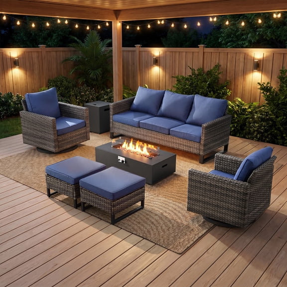 Jentlehouse 6-Piece Patio Furniture Set with Fire Pit Table,All-Weather Wicker Outdoor Sectional Sofa with Square Armrest,Patio Conversation Set for Balcony Yard Poolside
