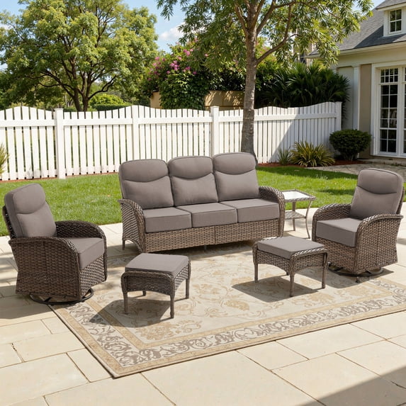 Jentlehouse 6-Piece Patio Furniture Set,Luxury 6'' Thick Conversation Set with Swivel Gliding Chair, 3-Seat Sofa,High Back Outdoor Rattan Seat Set for Balcony Deck Porch