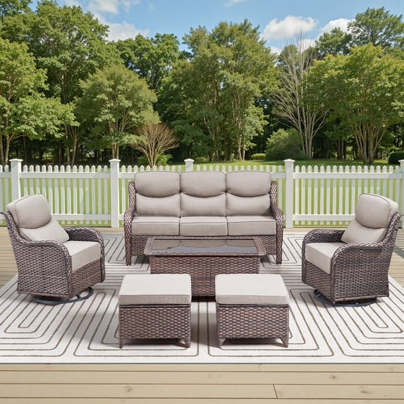 Jentlehouse 6 Piece Wicker Patio Furniture Set, Outdoor Rattan Conversation Sets, Cushioned Secitional Sofa Sets with Swivel Gliders, 3-Seat Sofa & Coffee Table, for Patio Garden Deck Backyard