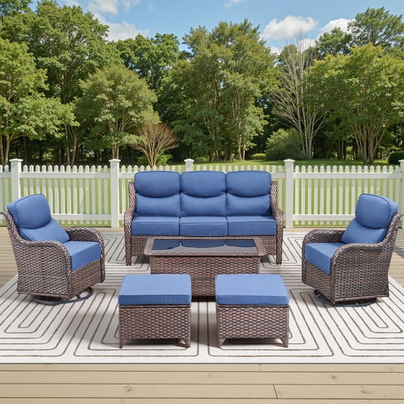 Jentlehouse 6 Piece Wicker Patio Furniture Set, Outdoor Rattan Conversation Sets, Cushioned Secitional Sofa Sets with Swivel Gliders, 3-Seat Sofa & Coffee Table, for Patio Garden Deck Backyard
