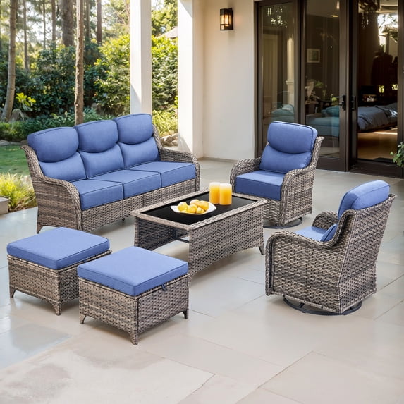 Jentlehouse 6 Pieces Outdoor Patio Furniture Set,Wicker Rattan Patio Sofa Set with Outdoor Rockers,Coffee Table and Ottomans,Outdoor Conversation Set for Poolside Balcony Backyard Porch