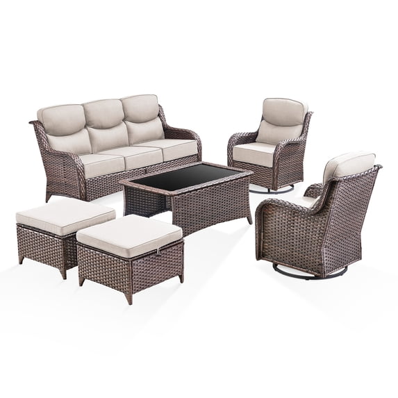 Jentlehouse 6 Pieces Outdoor Patio Furniture Set,Wicker Rattan Patio Sofa Set with Outdoor Rockers,Coffee Table and Ottomans,Outdoor Conversation Set for Poolside Balcony Backyard Porch