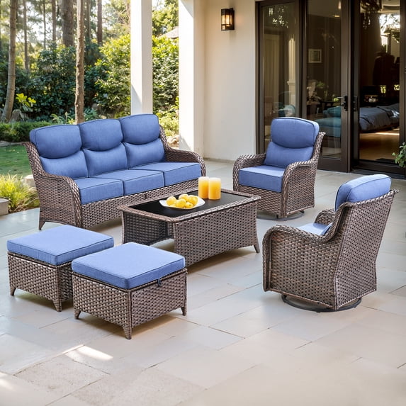 Jentlehouse 6 Pieces Outdoor Patio Furniture Set,Wicker Rattan Patio Sofa Set with Swivel Chairs,Coffee Table and Ottomans,Outdoor Conversation Set for Poolside Balcony Backyard Porch