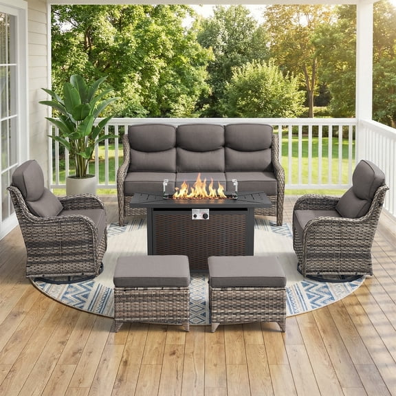 Jentlehouse 6'' Thick Cushion Patio 6-Piece Patio Furniture Set with Fire Pit Table,Wicker Rattan Seating Set,Outdoor Conversation Set for Garden Deck Balcony