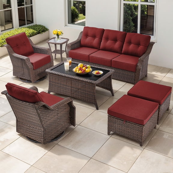 Jentlehouse 7-Piece High Back Outdoor Furniture Set with 6'' Thick Cushion,Patio Set with Swivel Chair,Sofa,Ottoman and Coffee Table,Patio Conversation Set for Pool Deck Yard