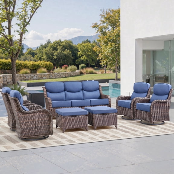 Jentlehouse 7-Piece Outdoor Wicker Patio Conversation Set with 6" Thick Cushions, Sectional Sofa with 4 Swivel Gliders and 2 Ottomans, All-Weather Furniture for Garden Deck Backyard