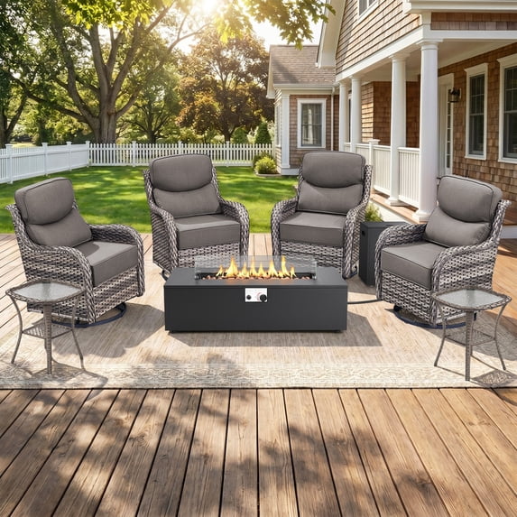 Jentlehouse 7-Piece Patio Fire Pit Set with 6'' Thick Cushion Swivel Gliding Chair and Side Table,Outdoor Conversation Set with Firepit Table,Hidden Tank for Balcony Deck Yard