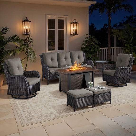 Jentlehouse 7-Piece Patio Furniture Set with 43'' Fire Pit Table,All-Weather Wicker Outdoor Sofa Set Patio Conversation Set for Balcony Deck Porch