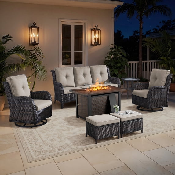 Jentlehouse 7-Piece Patio Furniture Set with 43'' Fire Pit Table,All-Weather Wicker Outdoor Sofa Set Patio Conversation Set for Balcony Deck Porch
