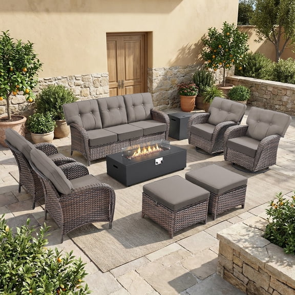 Jentlehouse 8-Piece Outdoor Furniture Set with Fire Pit Table,Water & UV Resistance Patio Conversation Set for Poolside Backyard Deck Porch