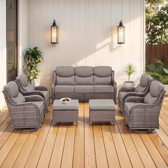 Jentlehouse 8-Piece Outdoor Patio Furniture Set with 4 Swivel Rocking Chairs,Wicker Rattan Sofa Set Outdoor Sectional Conversation Set with ottomans for Garden Lawn Balcony