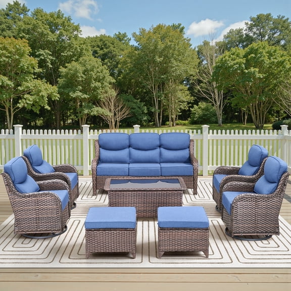 Jentlehouse 8 Piece Outdoor Wicker Patio Conversation Set with 6 in Thickness Cushions, Sectional Sofa Sets with 4 Swivel Gliders, 2 Ottomans and Coffee Table for Garden, Deck and Backyard