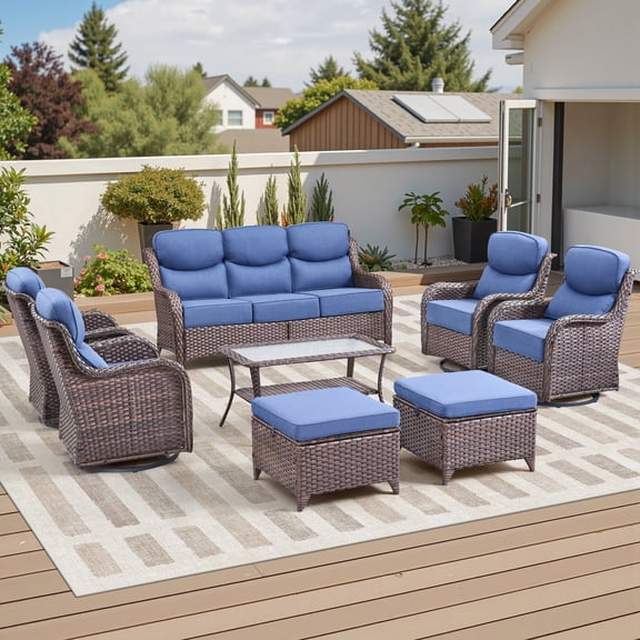 Jentlehouse 8 Piece Outdoor Wicker Patio Conversation Set with 6 in Thickness Cushions, Sectional Sofa Sets with 4 Swivel Gliders, 2 Ottomans and Tempered Glass Top Coffee Table for Garden