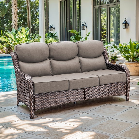 Jentlehouse Outdoor Patio 3-Seat Sofa,Wicker Rattan Patio Couch with Deep Seat Thick Cushions High Back All-Weather Outdoor Sofa for Balcony Porch Deck Lawn