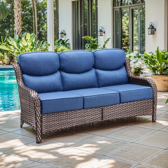 Jentlehouse Outdoor Patio 3-Seat Sofa,Wicker Rattan Patio Couch with Deep Seat Thick Cushions High Back All-Weather Outdoor Sofa for Balcony Porch Deck Lawn