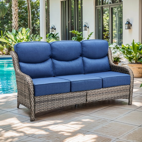 Jentlehouse Outdoor Patio 3-Seat Sofa,Wicker Rattan Patio Couch with Deep Seat Thick Cushions High Back All-Weather Outdoor Sofa for Balcony Porch Deck Lawn