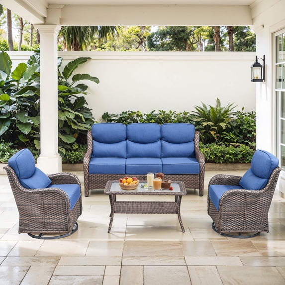 Jentlehouse Outdoor Patio Furniture Set,All-Weather Wicker Sofa Set with Outdoor Rockers & 2-Tier Table,Outdoor Conversation Furniture Set for Garden Porch Balcony Deck