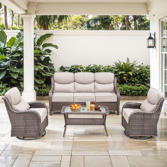 Jentlehouse Outdoor Patio Furniture Set,All-Weather Wicker Sofa Set with Outdoor Rockers & 2-Tier Table,Outdoor Conversation Furniture Set for Garden Porch Balcony Deck