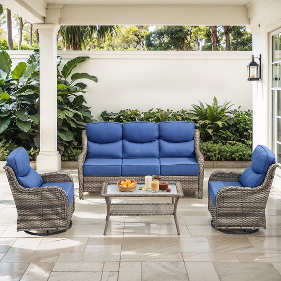 Jentlehouse Outdoor Patio Furniture Set,All-Weather Wicker Sofa Set with Outdoor Rockers & 2-Tier Table,Outdoor Conversation Furniture Set for Garden Porch Balcony Deck