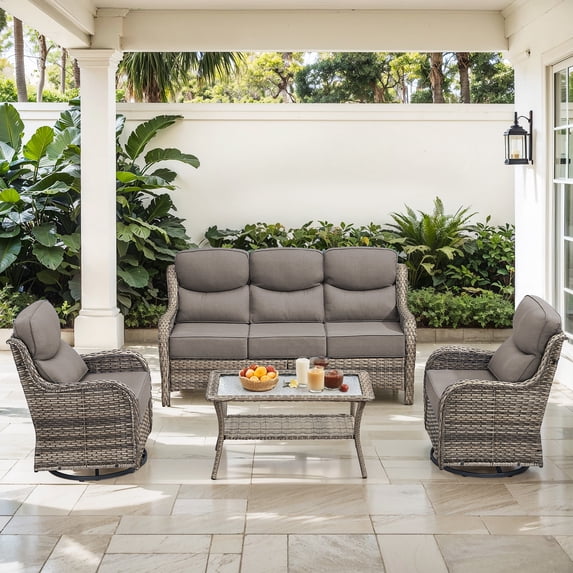 Jentlehouse Outdoor Patio Furniture Set,All-Weather Wicker Sofa Set with Outdoor Rockers & 2-Tier Table,Outdoor Conversation Furniture Set for Garden Porch Balcony Deck