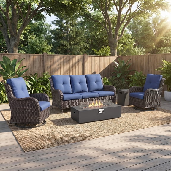 Jentlehouse Outdoor Patio Furniture Set with Fire Pit Table,Wicker Patio Swivel Chairs Set with 3-Seat Sofa,Outdoor Conversation Set for Poolside Backyard Deck
