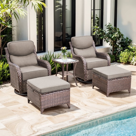 Jentlehouse Outdoor Patio Furniture Set,Outdoor Swivel Rocker Chair with Ottomans & Side Table,Rattan Conversation Set for Balcony Garden Porch