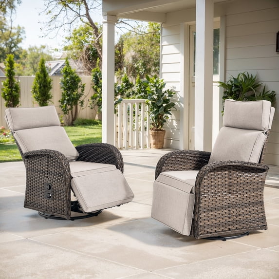 Jentlehouse 2PCS Outdoor Patio Swivel Recliner Chair,360 Ratating Wicker Patio Recliner with Backrest & Footrest Adjustment,Outdoor Reclining Chair for Balcony Pool Deck