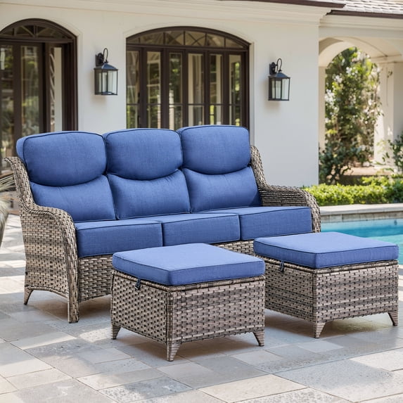 Jentlehouse Outdoor Patio Sofa set with Ottomans,All-Weather Wicker Rattan Patio 3-seat Couch with Thick Cushions and High Back,Outdoor Sectional Sofa Set for Lawn Balcony Garden