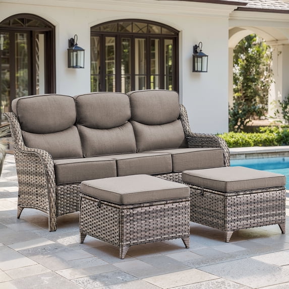 Jentlehouse Outdoor Patio Sofa set with Ottomans,All-Weather Wicker Rattan Patio 3-seat Couch with Thick Cushions and High Back,Outdoor Sectional Sofa Set for Lawn Balcony Garden