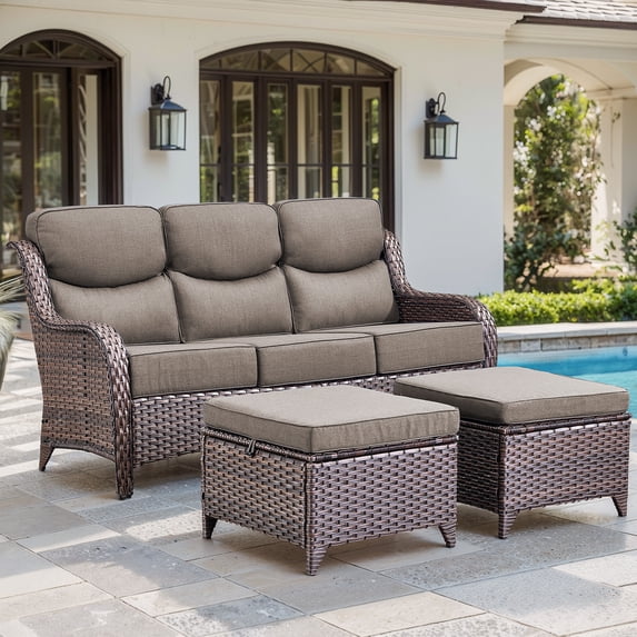 Jentlehouse Outdoor Patio Sofa set with Ottomans,All-Weather Wicker Rattan Patio 3-seat Couch with Thick Cushions and High Back,Outdoor Sectional Sofa Set for Lawn Balcony Garden