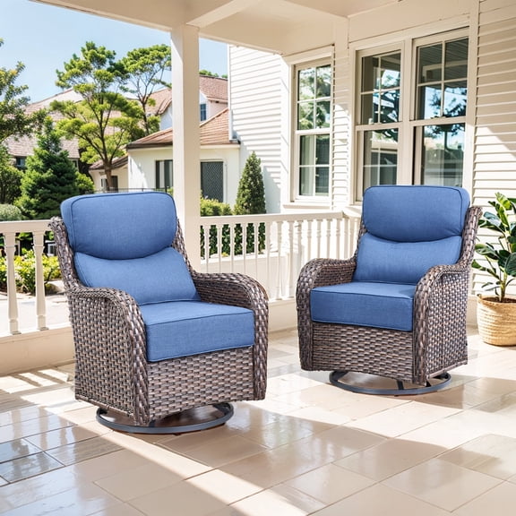 Jentlehouse Outdoor Patio Swivel Glider Chair Set of 2, All-Weather Wicker Rattan Swivel Rocking Lounge Chair with Removable Blue Cushions for Porch Balcony Backyard, Brown Wicker