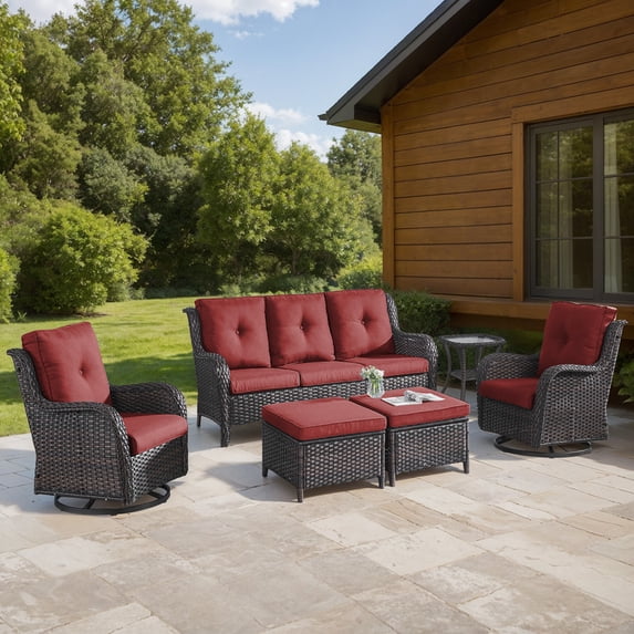 Jentlehouse Patio Furniture Set,6-Piece Outdoor Wicker Sectional Set with Swivel Rocking Chair,3-Seat Sofa and Ottoman,Patio Conversation for Poolside Porch Yard
