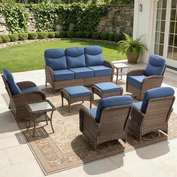 Jentlehouse Patio Sofa Set,Luxury 6'' Thick 3-Seat Sofa with Ottomans,High Back Outdoor Rattan Couch Set for Balcony Deck Porch